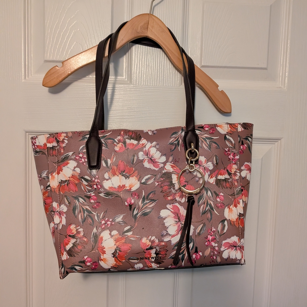 Nine West Pink and Brown Floral Tote Bag with Tassel